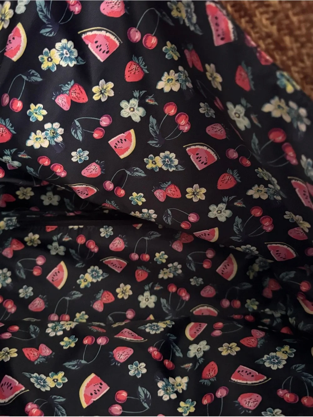 Vera Bradley Brown Straw Tote with Pink Fruit Embroidery  with wallet
